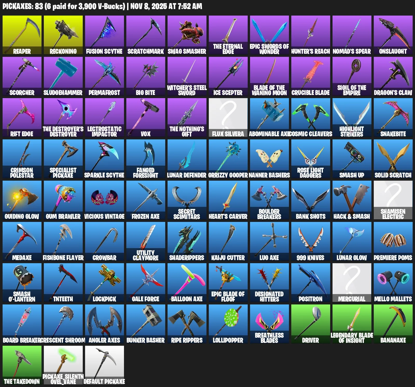 F935 Travis Scott, John Wick, Omega, Reaper, Orange Justice, Off-Leash, 91 Skins (G)